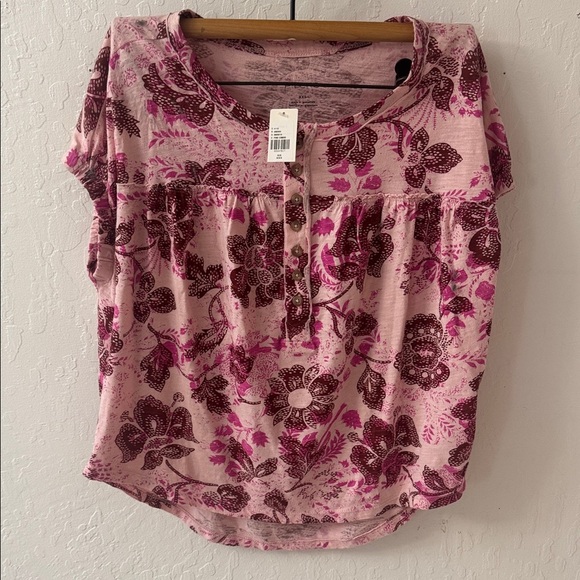 Anthropologie Pilcro Floral Boho Stretch XXS Pink Ruched Henley Tee - Picture 2 of 3